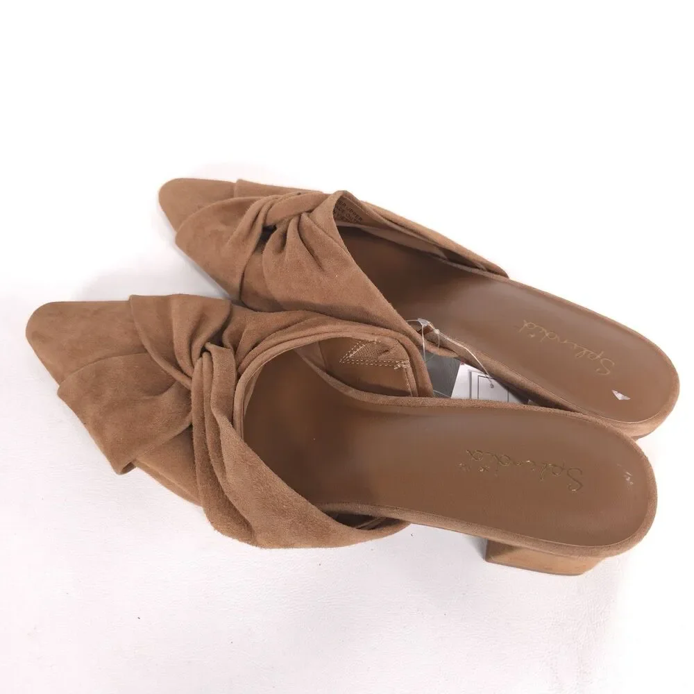 Splendid New Lanis GENUINE SUEDE LEATHER Mules 8.5 M Caramel Knot Heeled Pointed
